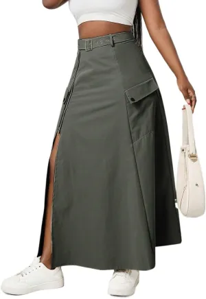 Women's 2025 Casual Maxi Long Skirts Solid Color High Slit A-Line Skirt