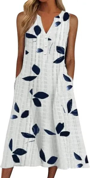 Women's 2025 Sundresses Casual Summer Tank Dress V Neck Sleeveless Button Down Midi Floral Beach Dress with Pockets