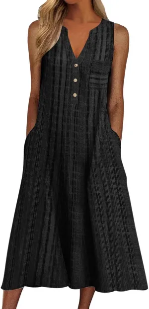 Women's 2025 Sundresses Casual Summer Tank Dress V Neck Sleeveless Button Down Midi Floral Beach Dress with Pockets
