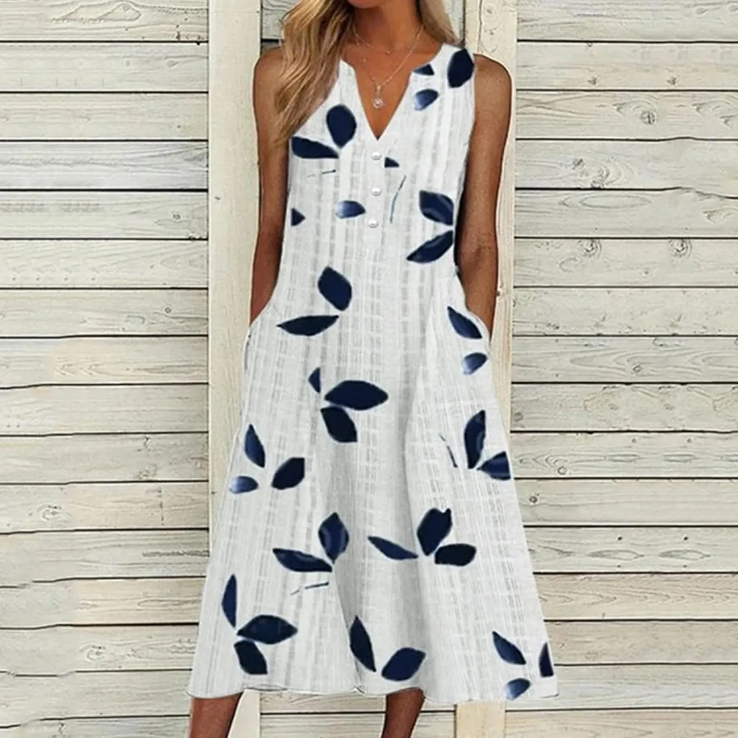 Women's 2025 Sundresses Casual Summer Tank Dress V Neck Sleeveless Button Down Midi Floral Beach Dress with Pockets