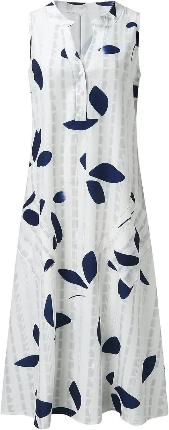 Women's 2025 Sundresses Casual Summer Tank Dress V Neck Sleeveless Button Down Midi Floral Beach Dress with Pockets