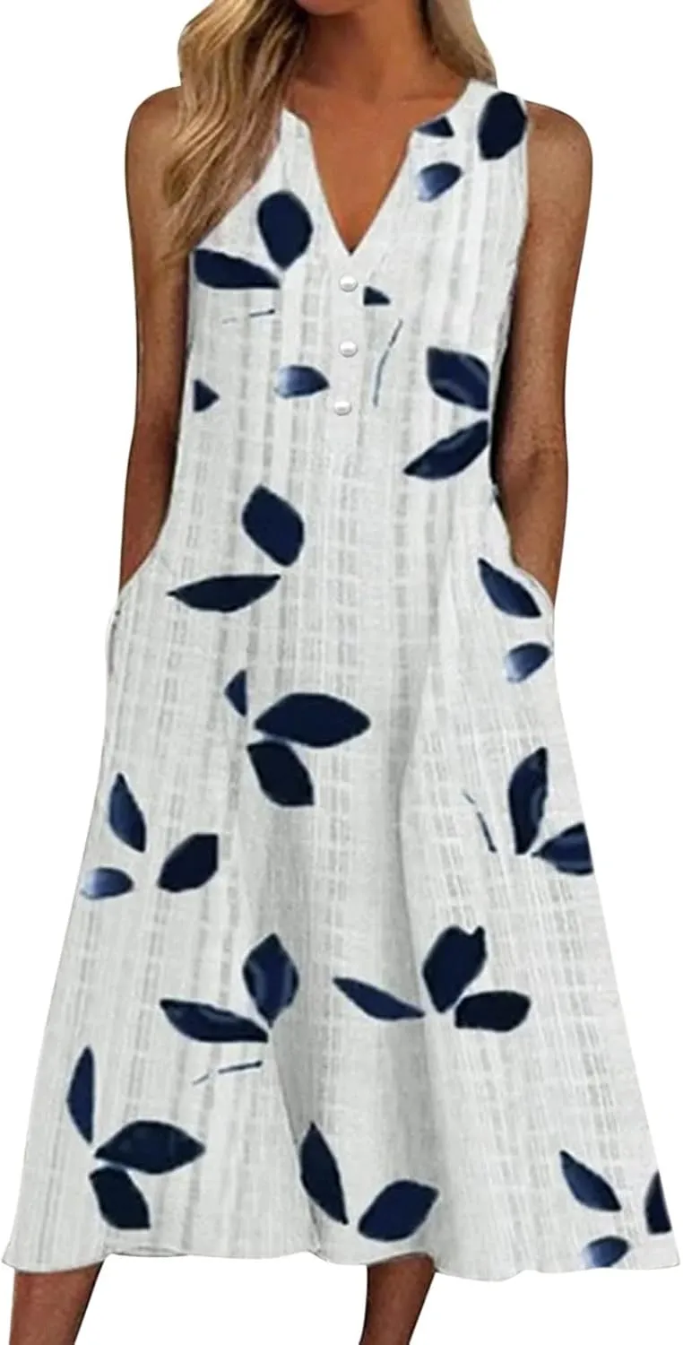 Women's 2025 Sundresses Casual Summer Tank Dress V Neck Sleeveless Button Down Midi Floral Beach Dress with Pockets