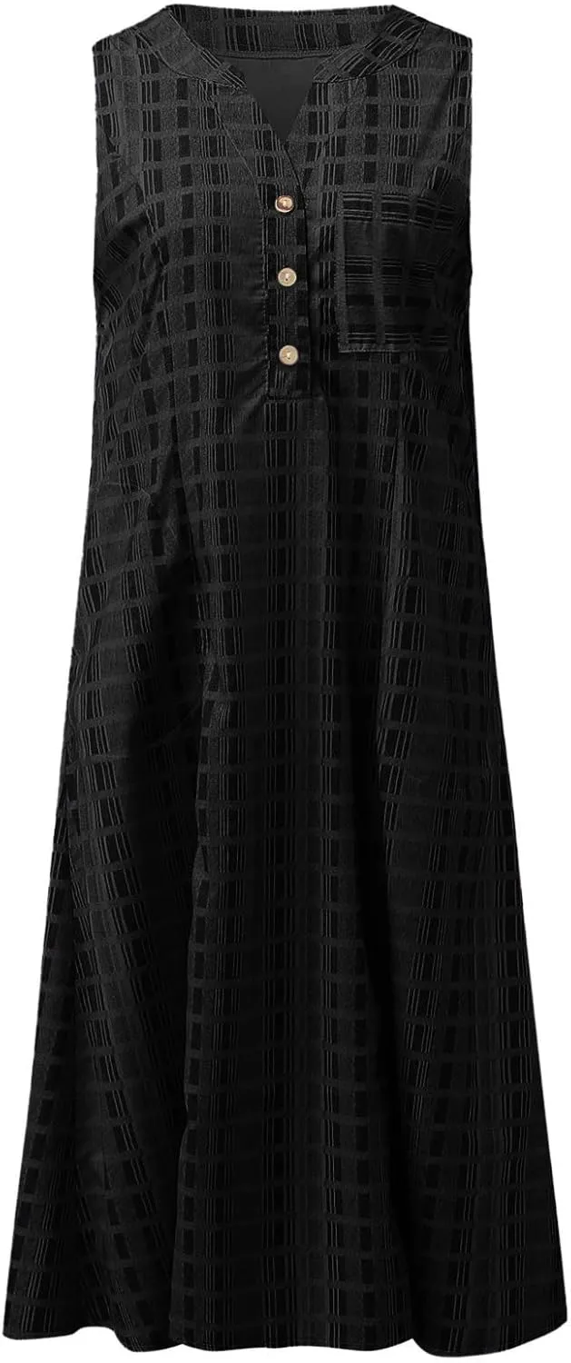 Women's 2025 Sundresses Casual Summer Tank Dress V Neck Sleeveless Button Down Midi Floral Beach Dress with Pockets