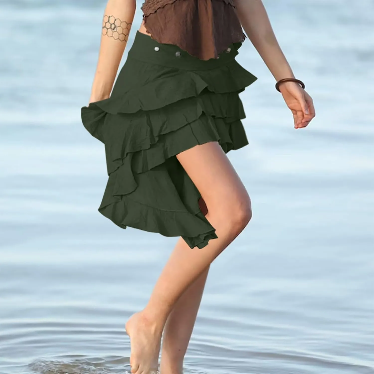 Womens Asymmetrical Hem Ruffle Skirts High Waisted Pleated Skirt Elastic Layered Mini Skirts A Line Beach Skirt