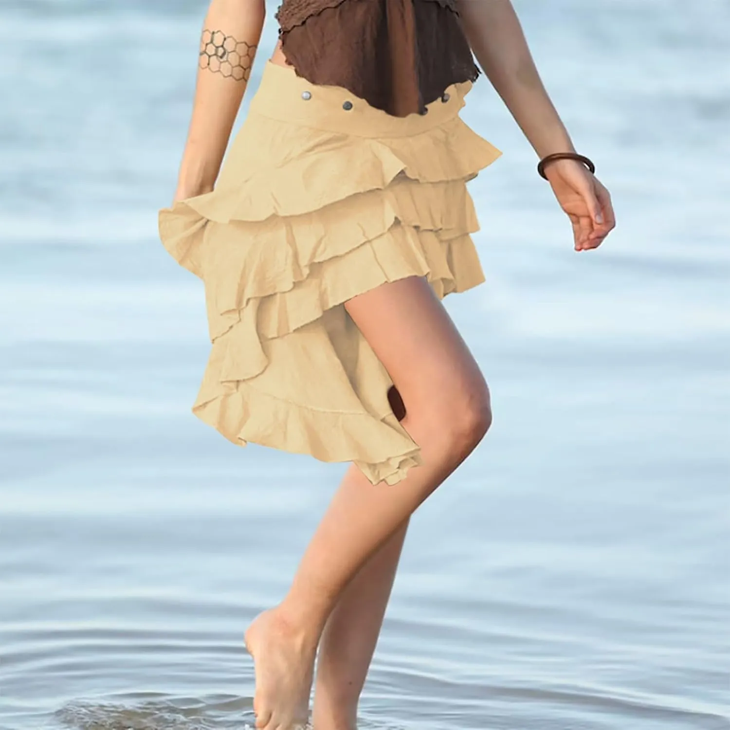 Womens Asymmetrical Hem Ruffle Skirts High Waisted Pleated Skirt Elastic Layered Mini Skirts A Line Beach Skirt