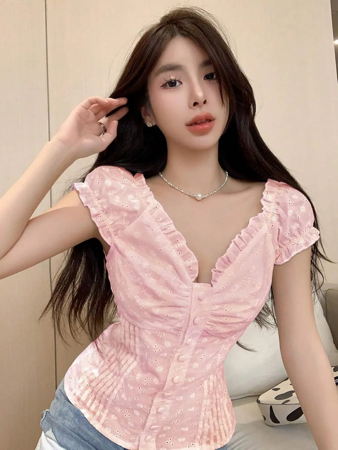 Women's Blouses Shirts Lace Trim Short Sleeve Shirt Trendy Tshirts Tops