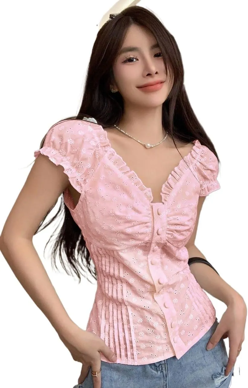 Women's Blouses Shirts Lace Trim Short Sleeve Shirt Trendy Tshirts Tops