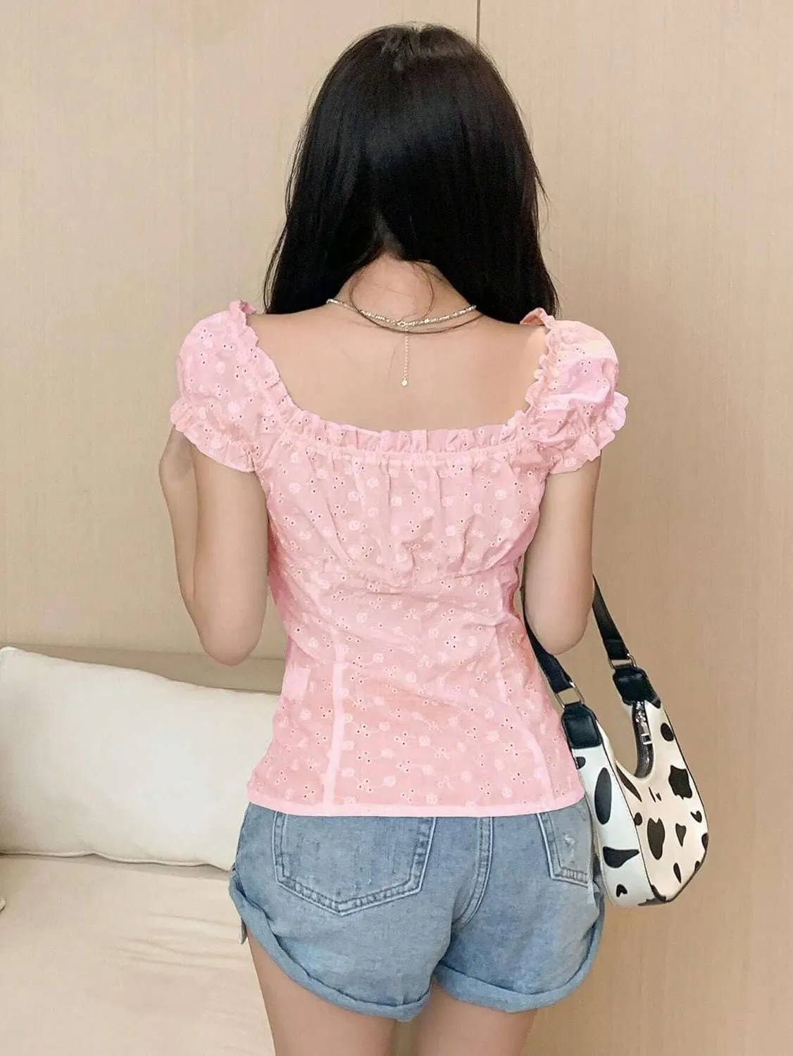 Women's Blouses Shirts Lace Trim Short Sleeve Shirt Trendy Tshirts Tops