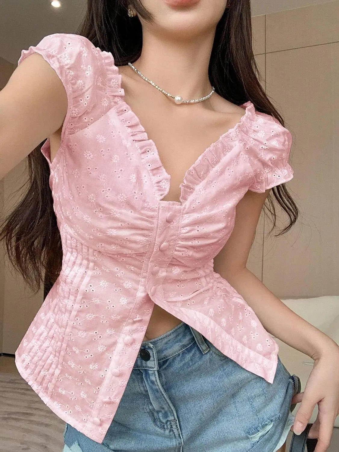 Women's Blouses Shirts Lace Trim Short Sleeve Shirt Trendy Tshirts Tops