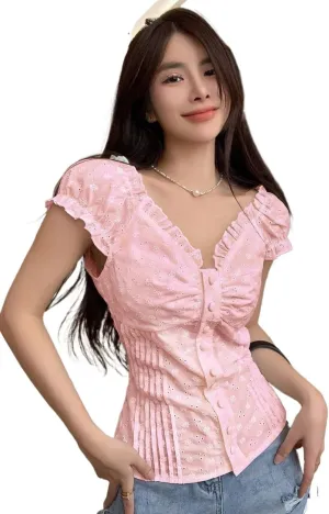Women's Blouses Shirts Lace Trim Short Sleeve Shirt Trendy Tshirts Tops