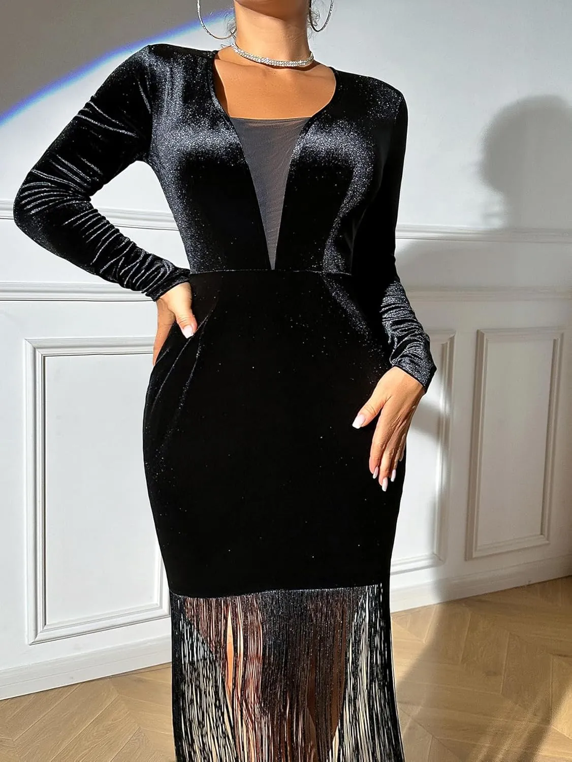 Womens Bodycon Sleeveless Dress Solid High Slit Sequins Maxi Party Dress