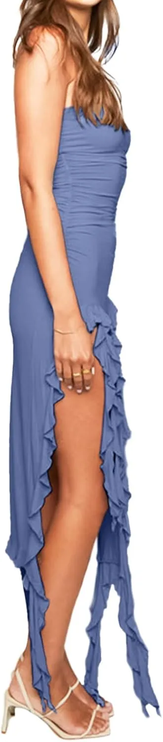 Womens Bodycon Tube Dress Sexy Strapless Y2K Ruffle Trim Irregular Floral Tassel Split Ruched Club Night Party Midi Dress