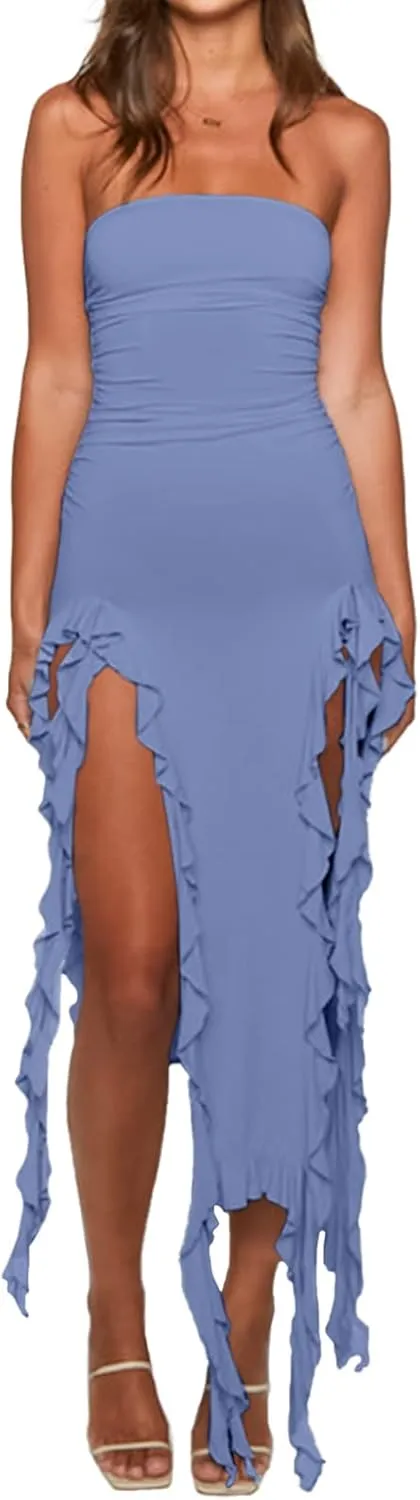 Womens Bodycon Tube Dress Sexy Strapless Y2K Ruffle Trim Irregular Floral Tassel Split Ruched Club Night Party Midi Dress