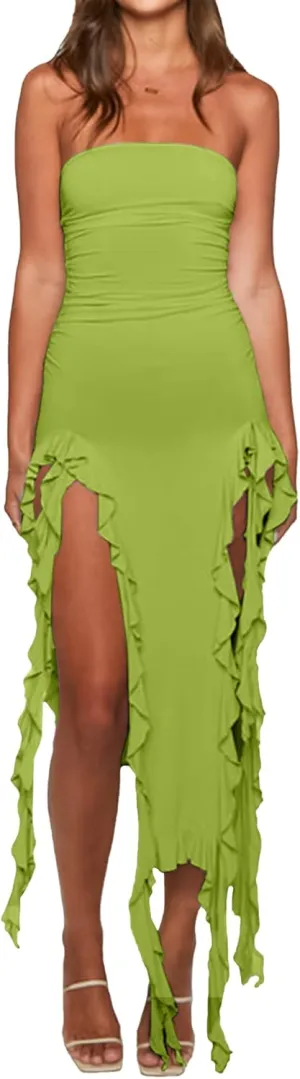 Womens Bodycon Tube Dress Sexy Strapless Y2K Ruffle Trim Irregular Floral Tassel Split Ruched Club Night Party Midi Dress