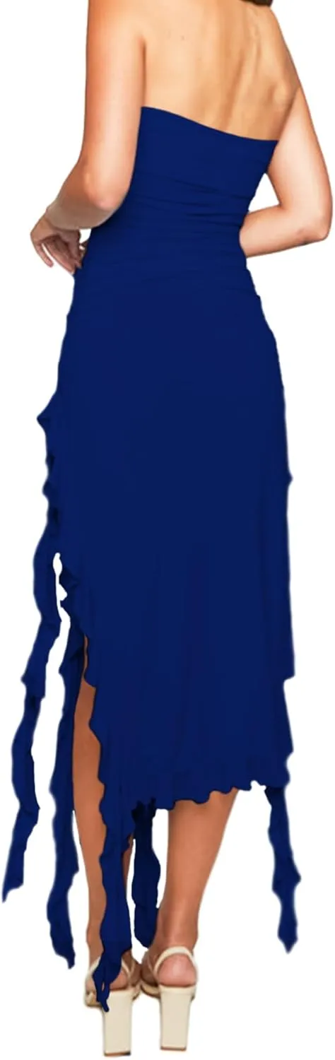 Womens Bodycon Tube Dress Sexy Strapless Y2K Ruffle Trim Irregular Floral Tassel Split Ruched Club Night Party Midi Dress