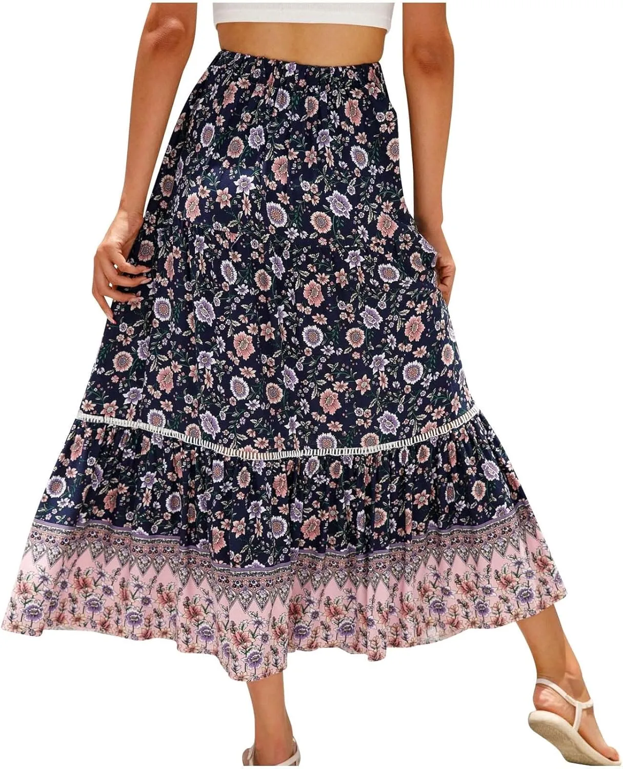 Womens Boho Floral Skirt Flowy High Waist A Line Maxi Skirts Casual Flowy Swing Pleated A Line Beach Long Skirt