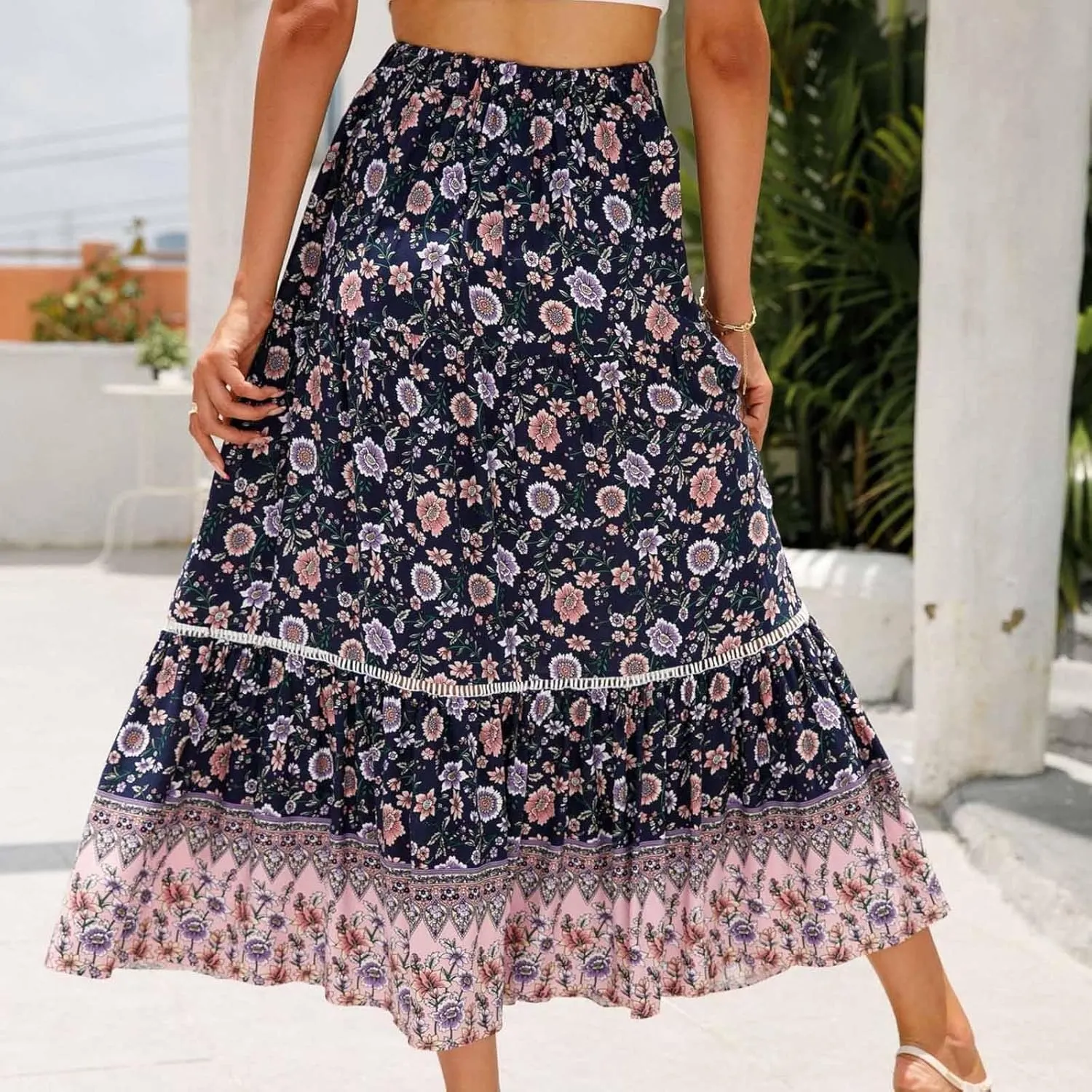 Womens Boho Floral Skirt Flowy High Waist A Line Maxi Skirts Casual Flowy Swing Pleated A Line Beach Long Skirt