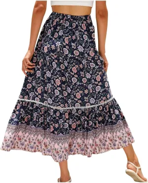 Womens Boho Floral Skirt Flowy High Waist A Line Maxi Skirts Casual Flowy Swing Pleated A Line Beach Long Skirt