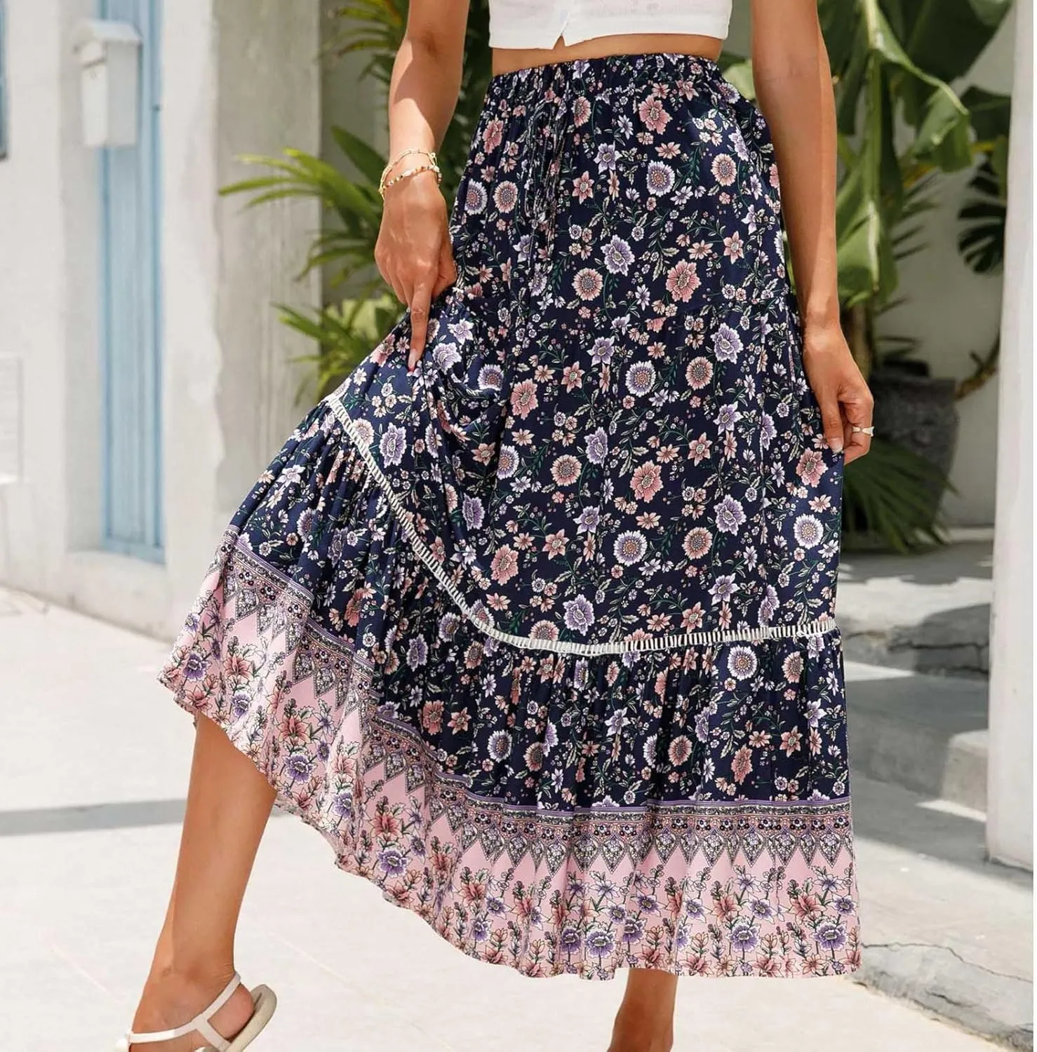 Womens Boho Floral Skirt Flowy High Waist A Line Maxi Skirts Casual Flowy Swing Pleated A Line Beach Long Skirt
