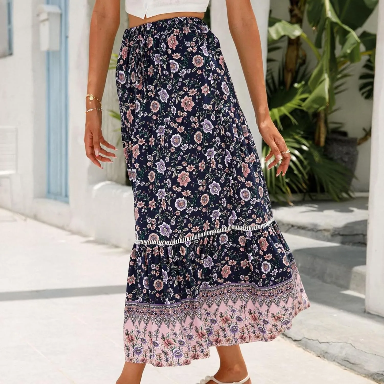 Womens Boho Floral Skirt Flowy High Waist A Line Maxi Skirts Casual Flowy Swing Pleated A Line Beach Long Skirt
