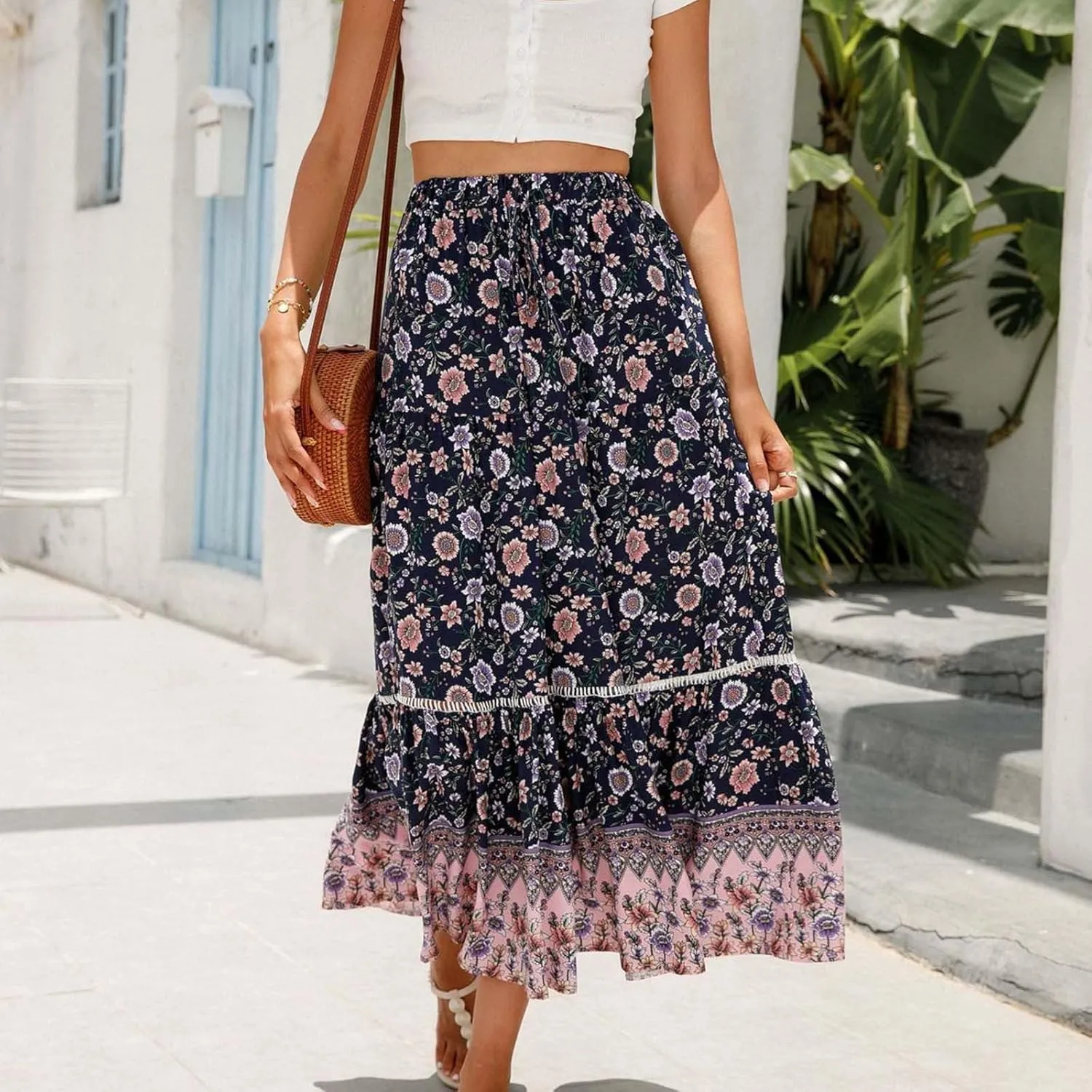 Womens Boho Floral Skirt Flowy High Waist A Line Maxi Skirts Casual Flowy Swing Pleated A Line Beach Long Skirt