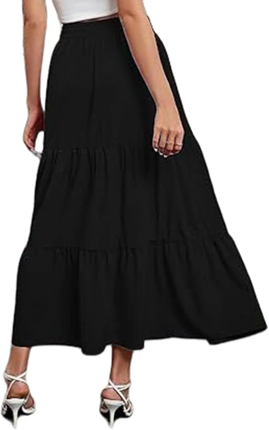 Women's Casual Elastic High Waist Skirt Boho Flowy Swing Tiered Long Skirts Ruffle A-Line Skirt 2025 Fashion