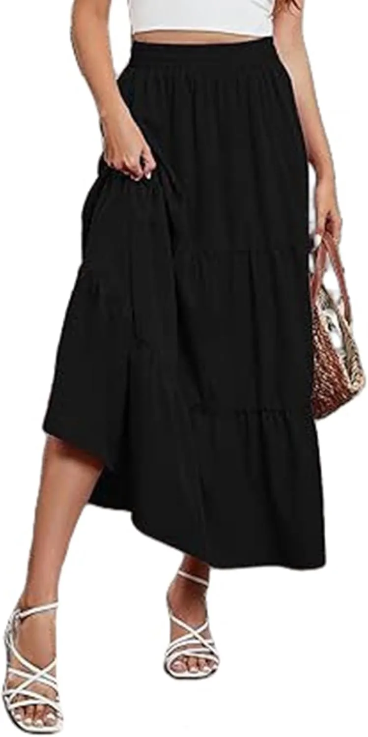 Women's Casual Elastic High Waist Skirt Boho Flowy Swing Tiered Long Skirts Ruffle A-Line Skirt 2025 Fashion