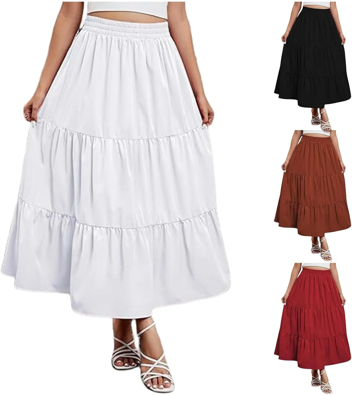 Women's Casual Elastic High Waist Skirt Boho Flowy Swing Tiered Long Skirts Ruffle A-Line Skirt 2025 Fashion