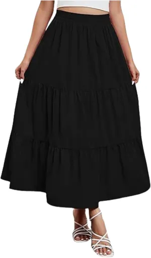 Women's Casual Elastic High Waist Skirt Boho Flowy Swing Tiered Long Skirts Ruffle A-Line Skirt 2025 Fashion