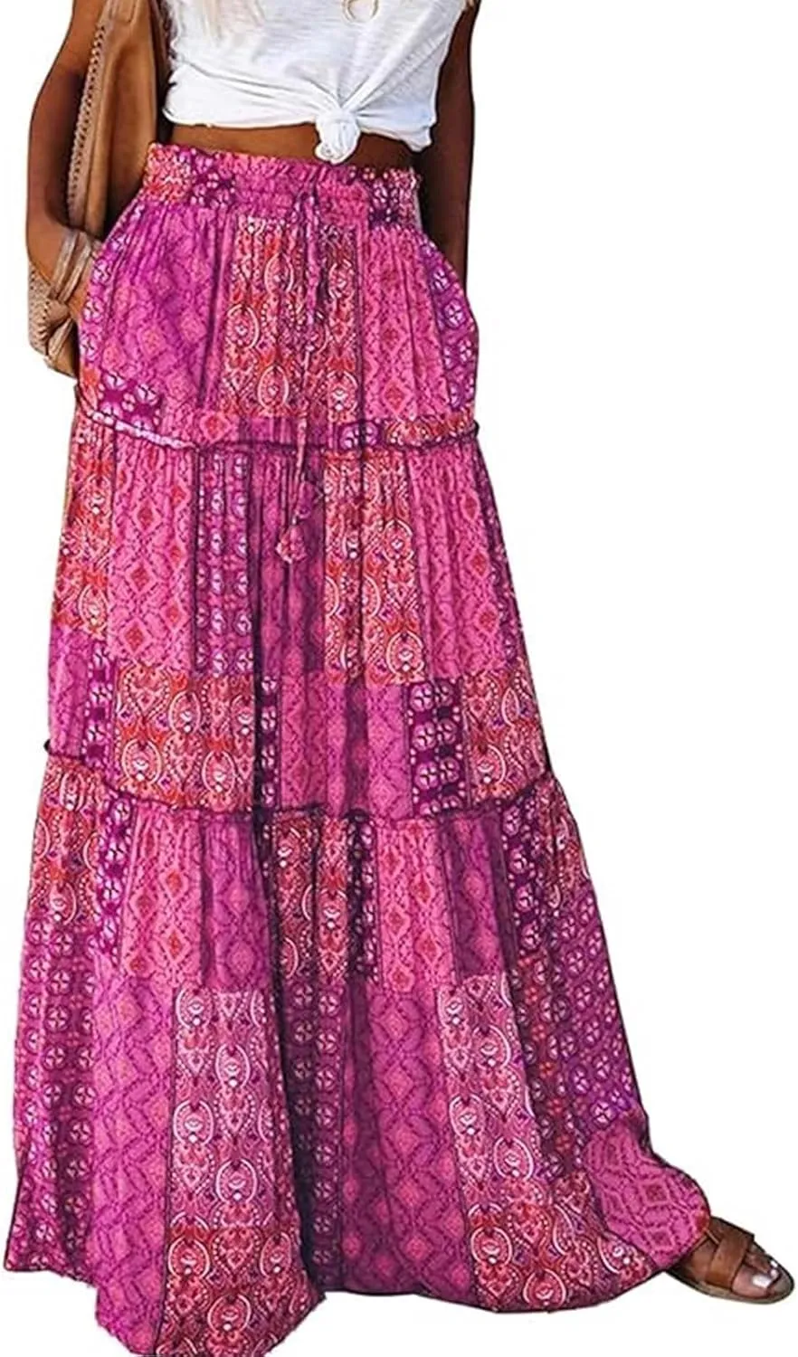 Womens Casual High Waist Long Skirt Trendy Tiered Pleated Maxi Skirts Summer Boho Flowy A Line Ruffle Skirt