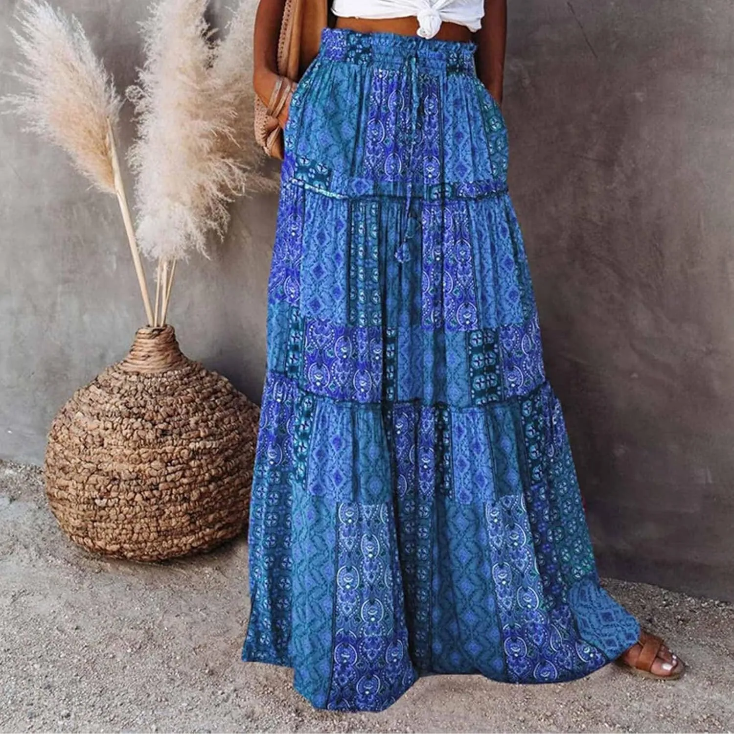 Womens Casual High Waist Long Skirt Trendy Tiered Pleated Maxi Skirts Summer Boho Flowy A Line Ruffle Skirt