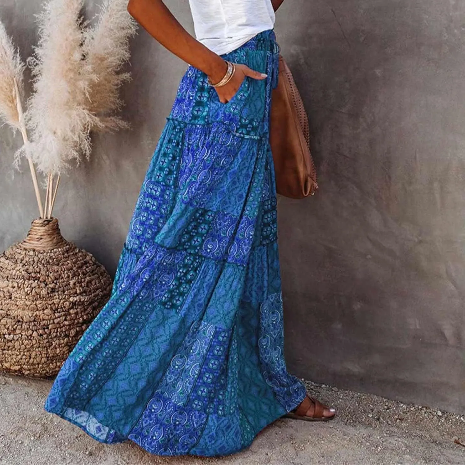 Womens Casual High Waist Long Skirt Trendy Tiered Pleated Maxi Skirts Summer Boho Flowy A Line Ruffle Skirt