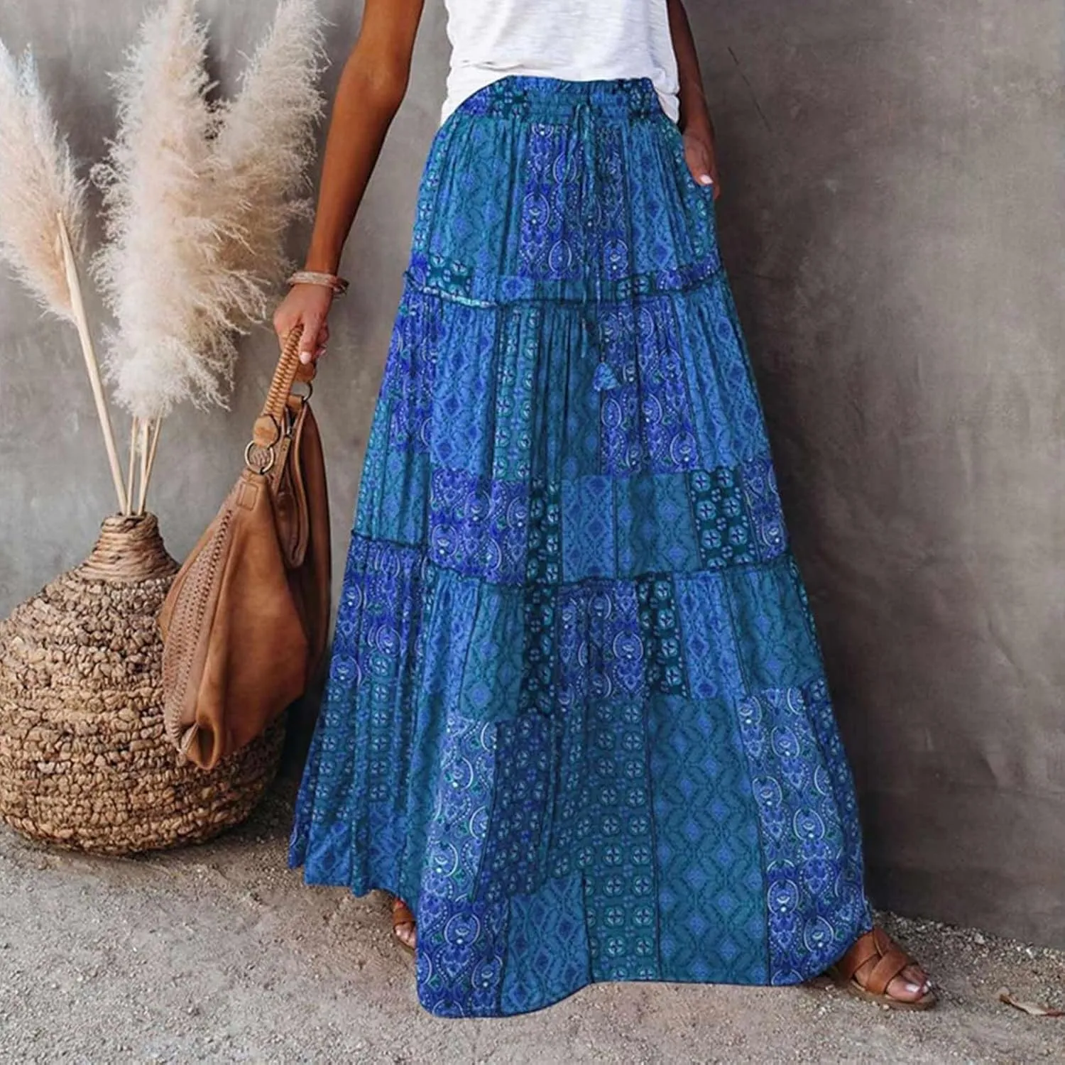 Womens Casual High Waist Long Skirt Trendy Tiered Pleated Maxi Skirts Summer Boho Flowy A Line Ruffle Skirt