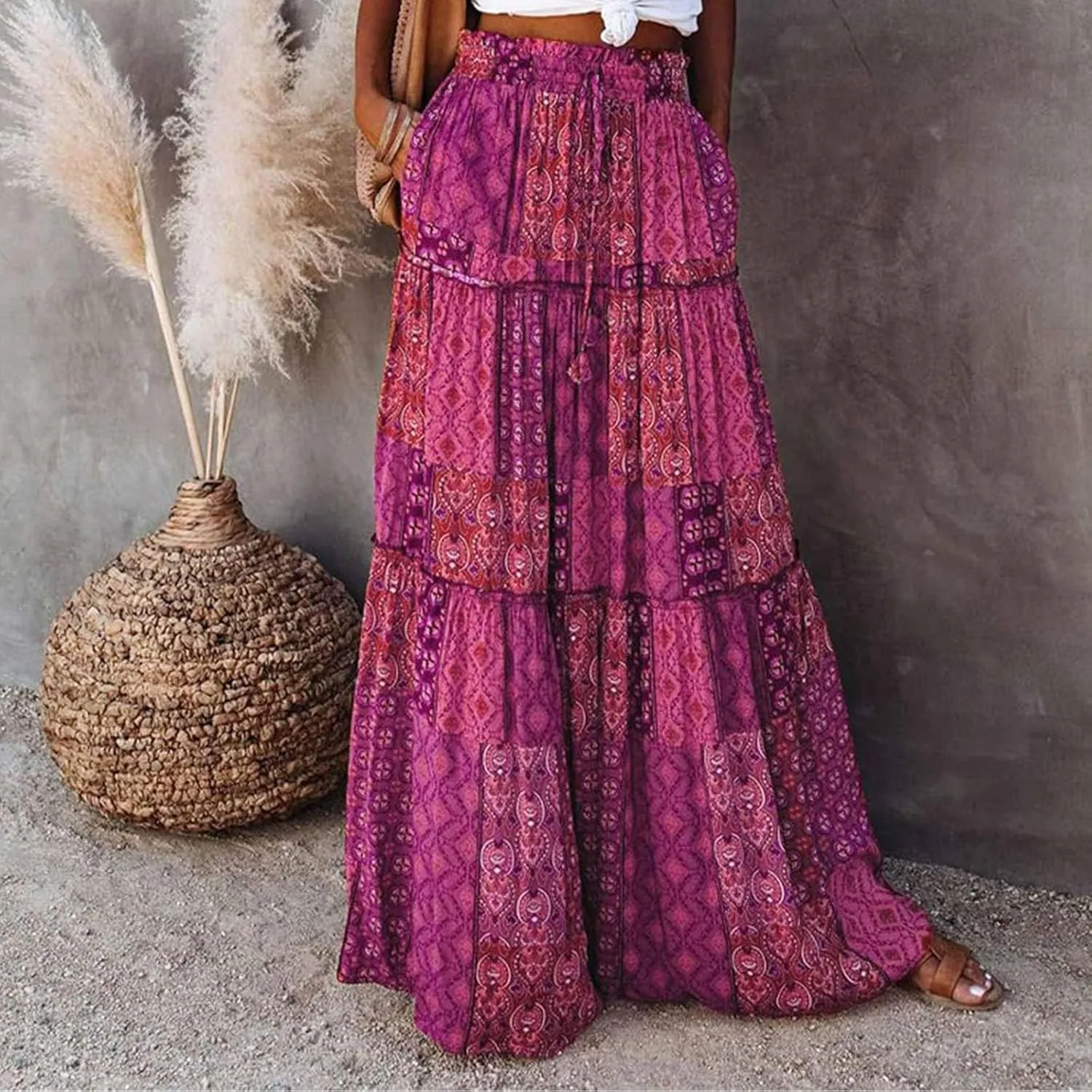 Womens Casual High Waist Long Skirt Trendy Tiered Pleated Maxi Skirts Summer Boho Flowy A Line Ruffle Skirt