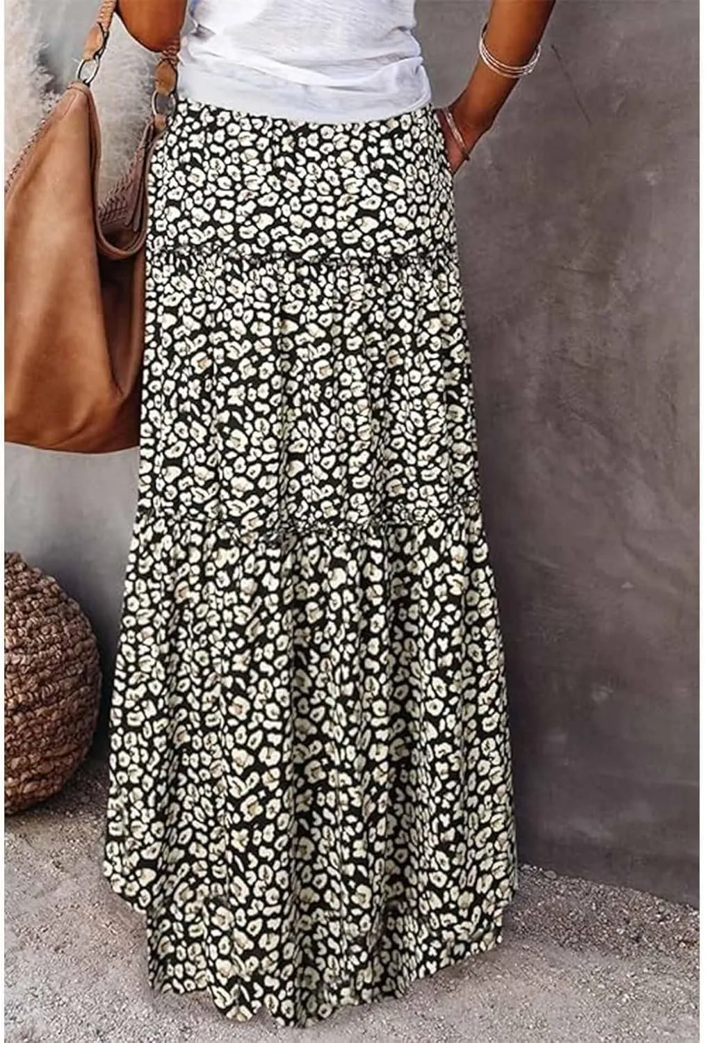 Womens Casual High Waist Long Skirt Trendy Tiered Pleated Maxi Skirts Summer Boho Flowy A Line Ruffle Skirt