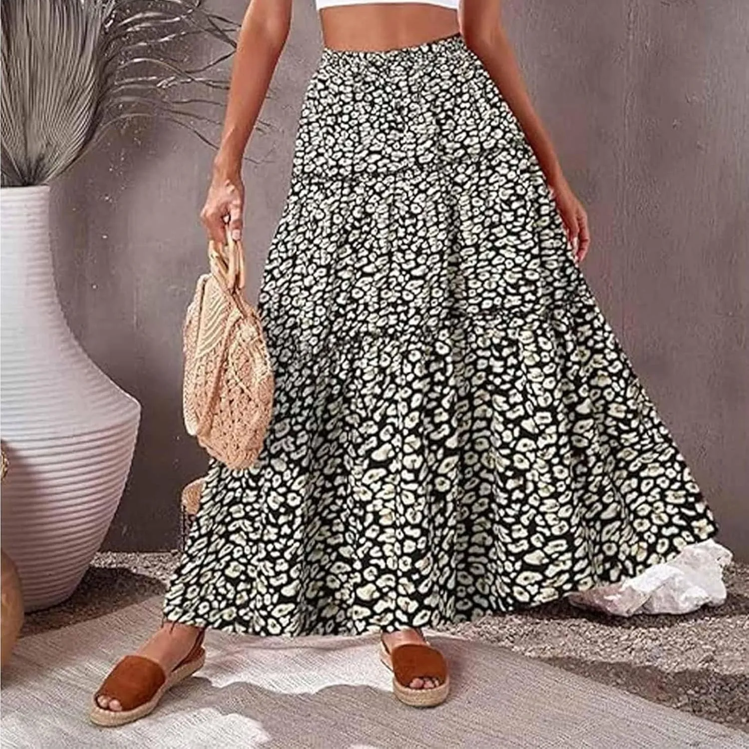 Womens Casual High Waist Long Skirt Trendy Tiered Pleated Maxi Skirts Summer Boho Flowy A Line Ruffle Skirt