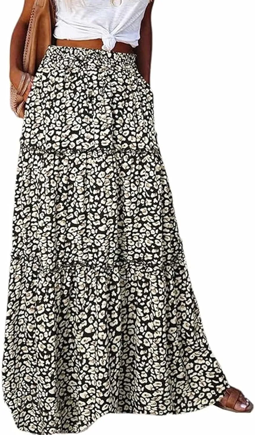 Womens Casual High Waist Long Skirt Trendy Tiered Pleated Maxi Skirts Summer Boho Flowy A Line Ruffle Skirt