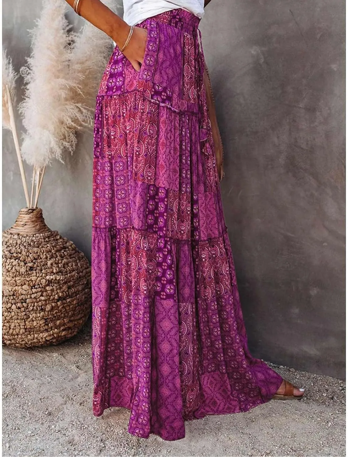 Womens Casual High Waist Long Skirt Trendy Tiered Pleated Maxi Skirts Summer Boho Flowy A Line Ruffle Skirt