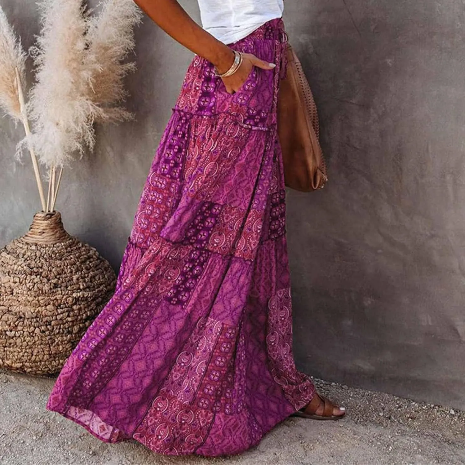 Womens Casual High Waist Long Skirt Trendy Tiered Pleated Maxi Skirts Summer Boho Flowy A Line Ruffle Skirt