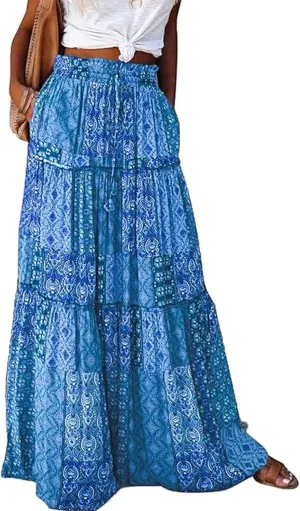 Womens Casual High Waist Long Skirt Trendy Tiered Pleated Maxi Skirts Summer Boho Flowy A Line Ruffle Skirt