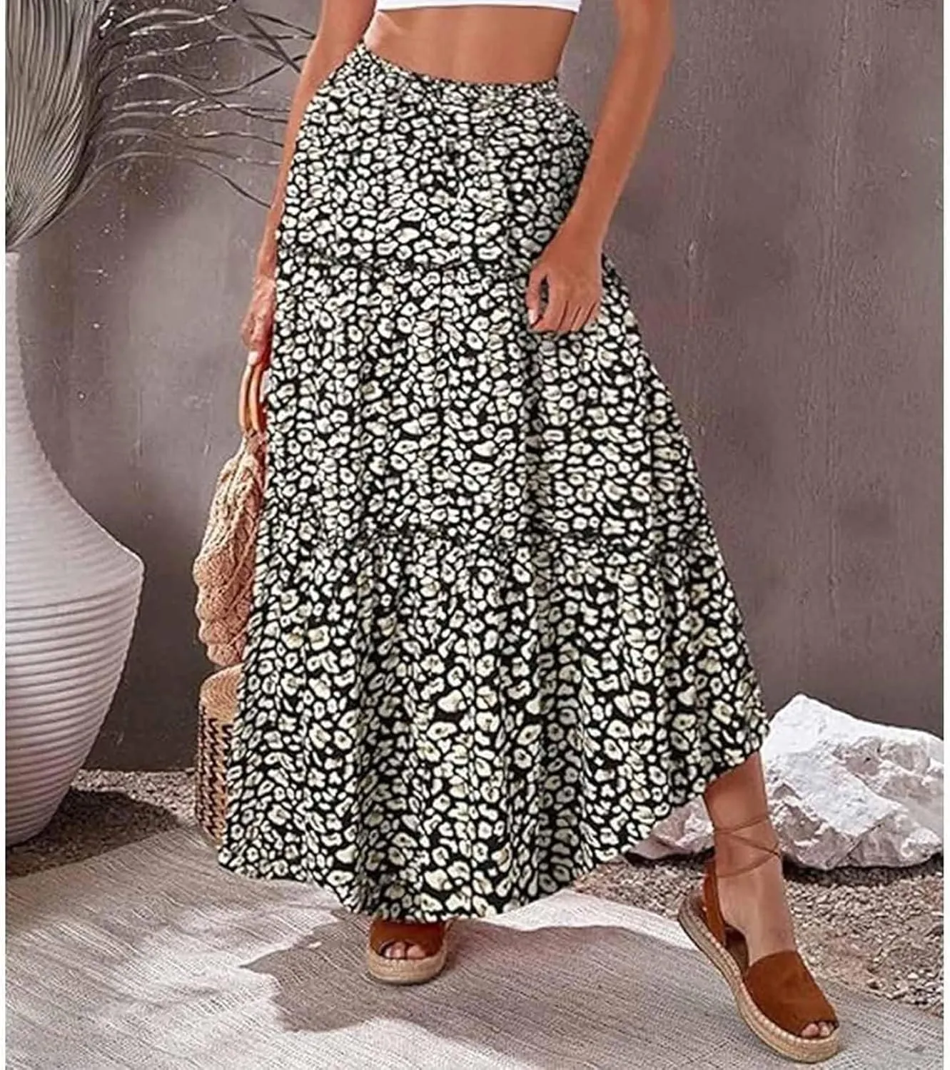 Womens Casual High Waist Long Skirt Trendy Tiered Pleated Maxi Skirts Summer Boho Flowy A Line Ruffle Skirt