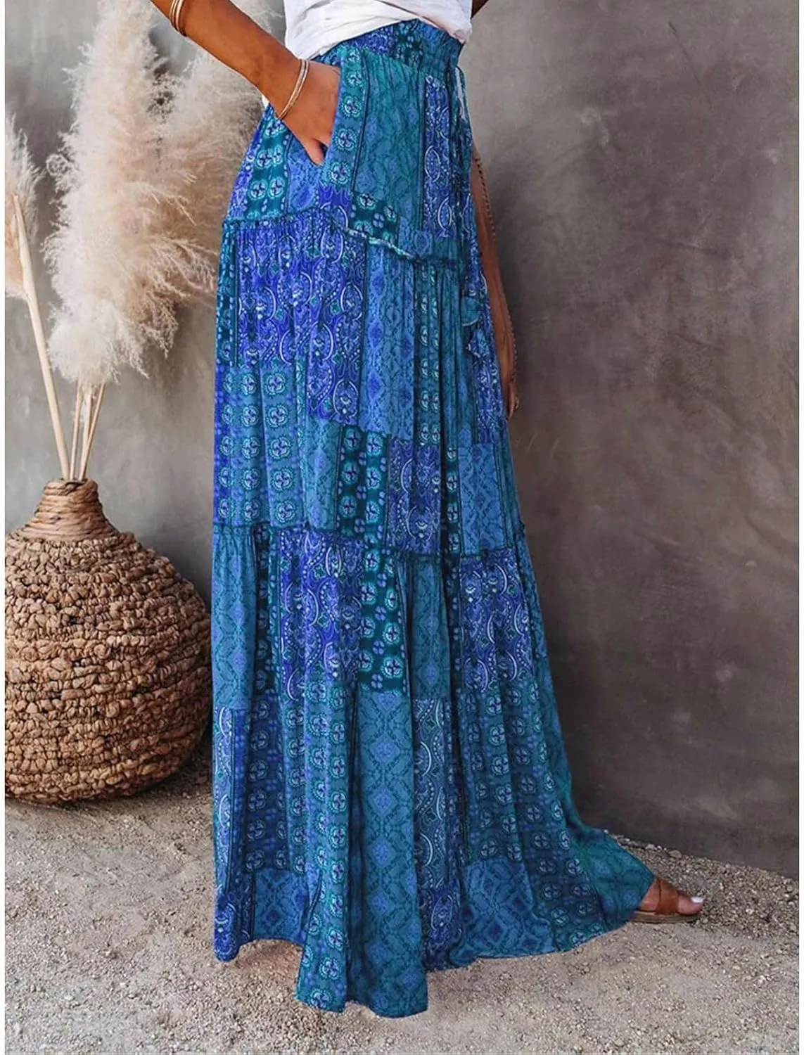 Womens Casual High Waist Long Skirt Trendy Tiered Pleated Maxi Skirts Summer Boho Flowy A Line Ruffle Skirt