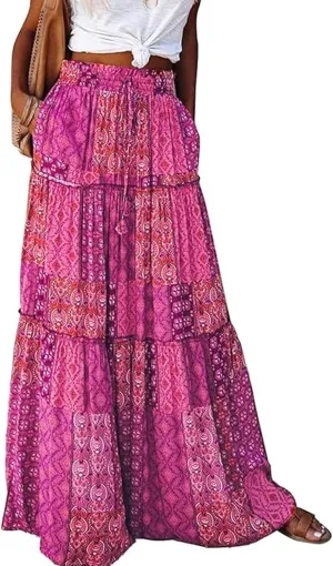 Womens Casual High Waist Long Skirt Trendy Tiered Pleated Maxi Skirts Summer Boho Flowy A Line Ruffle Skirt