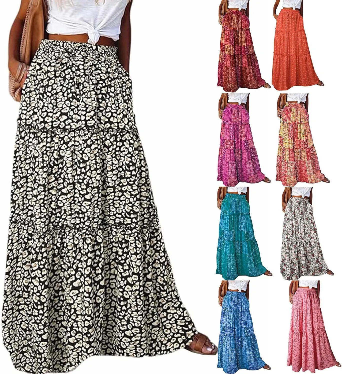 Womens Casual High Waist Long Skirt Trendy Tiered Pleated Maxi Skirts Summer Boho Flowy A Line Ruffle Skirt