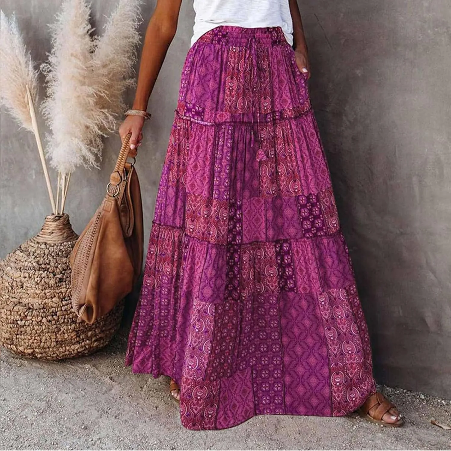 Womens Casual High Waist Long Skirt Trendy Tiered Pleated Maxi Skirts Summer Boho Flowy A Line Ruffle Skirt