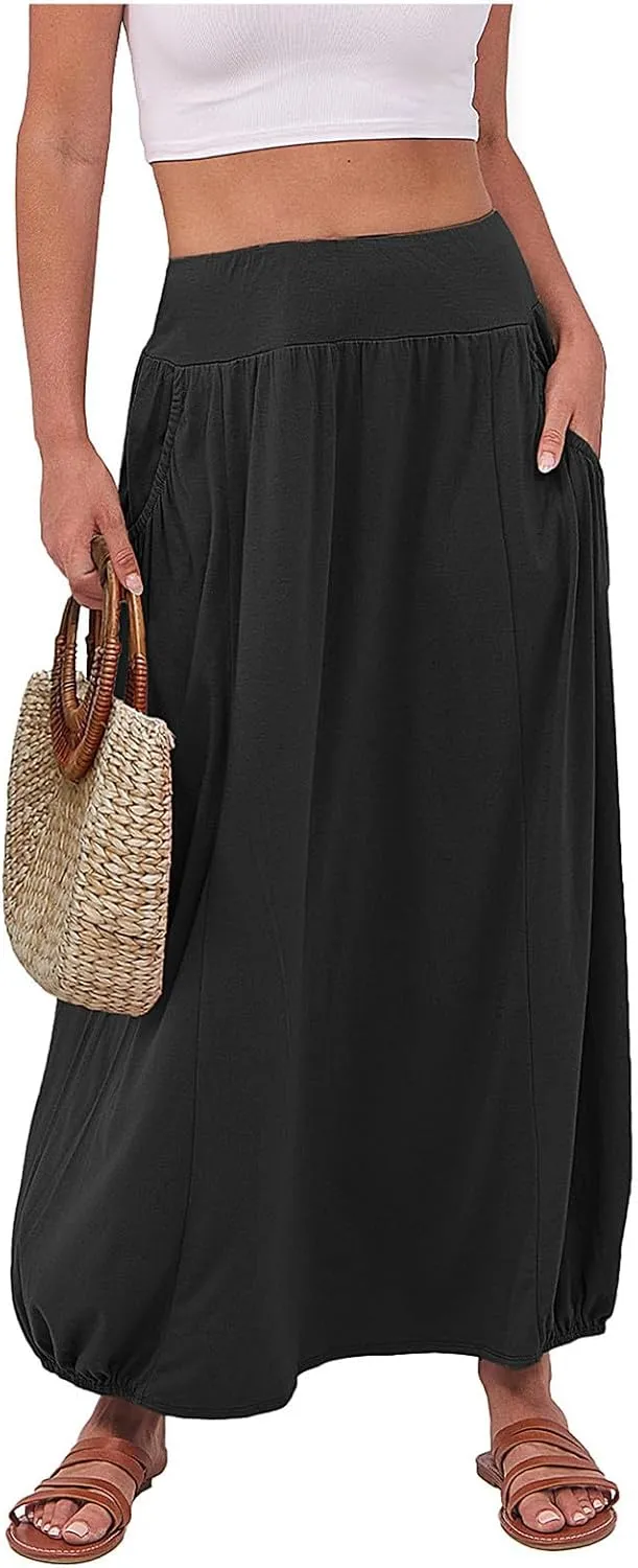 Womens Casual Maxi Skirts Trendy Elastic Waist Loose Long Skirt with Pocket Summer Solid Beach Vacation Outfits 2025