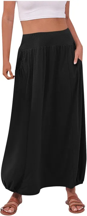 Womens Casual Maxi Skirts Trendy Elastic Waist Loose Long Skirt with Pocket Summer Solid Beach Vacation Outfits 2025