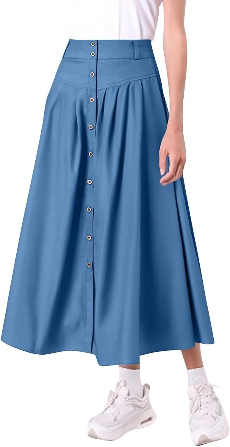 Women's Casual Retro High Waist Solid Wrap Button Belt Skirt Vintage Stretch Retro Denim Maxi Skirt with Pockets