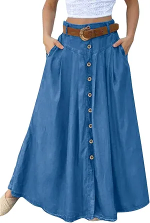 Women's Casual Retro High Waist Solid Wrap Button Belt Skirt Vintage Stretch Retro Denim Maxi Skirt with Pockets