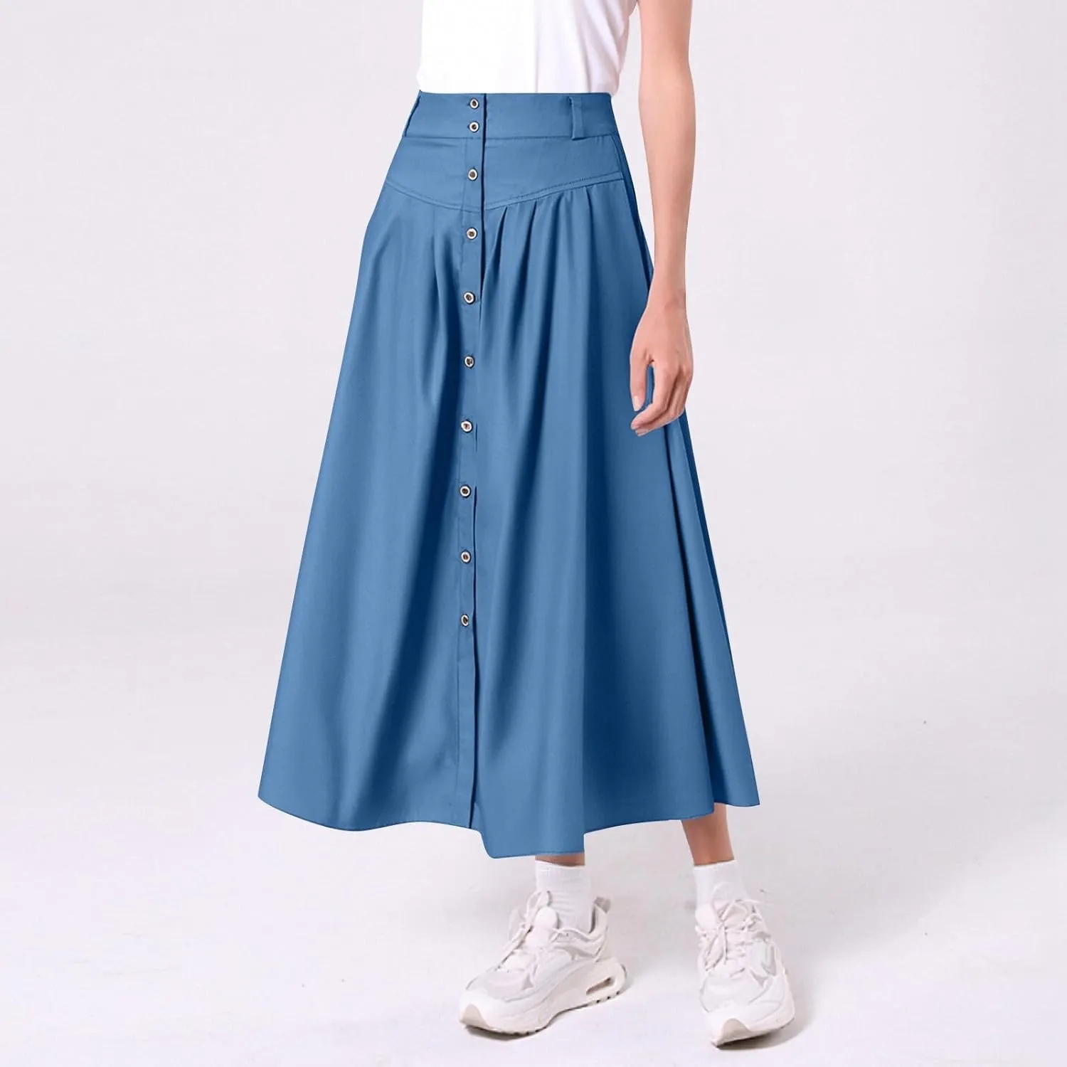 Women's Casual Retro High Waist Solid Wrap Button Belt Skirt Vintage Stretch Retro Denim Maxi Skirt with Pockets